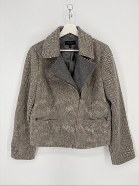 🪽 Talbots wool blend silver metallic Taupe-Gray Tweed Zip-Front moto Jacket